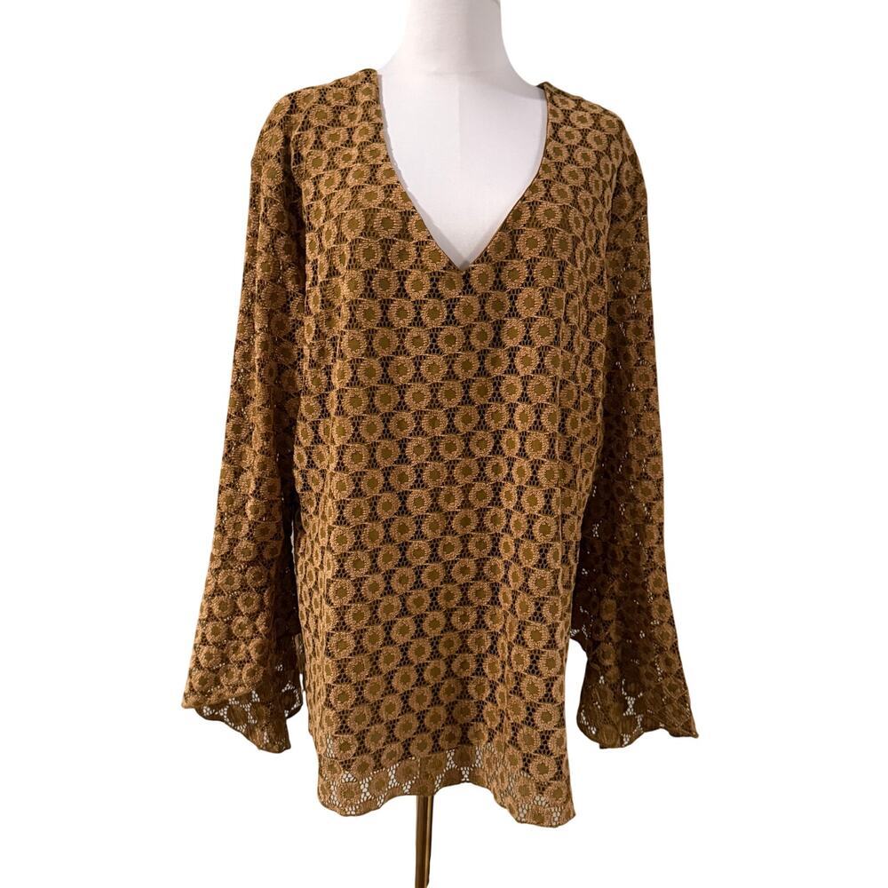 Vintage Bill Blass Brown Crochet Lace Tunic Top Bell Sleeve Boho Hippie 3x 90s